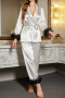 non-stretch contrast color lace trim pants sets sleepwear(size run small)_Black_White