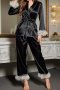 non-stretch contrast color lace trim pants sets sleepwear(size run small)_Black