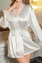 non-stretch 3 colors feather decor with belt nightgown(asia size)_Black_White
