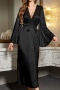 non-stretch lace trim with belt imitation silk nightgown(asia size)_Black