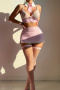 sexy slight stretch stripe printing student costumes(with neck ring&stockings)_Black_Pink