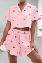 casual non-stretch heart print imitation silk shorts set sleepwear_White_Pink