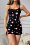 casual slight stretch heart batch printing sling shorts sets sleepwear_Black