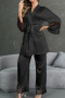 casual non-stretch imitation silk lace stitching with belt pants set sleepwear_Black
