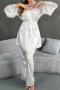 casual non-stretch imitation silk lace stitching with belt pants set sleepwear_Black_White