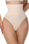 new plus size stretch solid color high waist tummy control shapewear thongs_Black_Beige