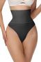 new plus size stretch solid color high waist tummy control shapewear thongs_Black
