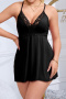 plus size slight stretch lace trim sling padded sleepwear(asia size)_Black