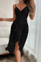 sexy slight stretch see-through mesh sequins sling babydoll_Black