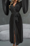sexy non-stretch see-through mesh with belt bell sleeves robe_Black