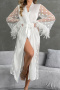 sexy non-stretch see-through mesh splicing feather decor robe sleepwear_Black_White
