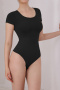 sexy high stretch crew neck solid color shaping bodysuit_Black