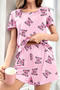 slight stretch butterfly batch printing crew neck shorts sets_Black_Pink