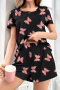 slight stretch butterfly batch printing crew neck shorts sets_Black