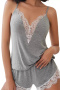 sexy plus size slight stretch sling lace patchwork shorts set sleepwear_Black_White_Gray