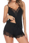 sexy plus size slight stretch sling lace patchwork shorts set sleepwear_Black