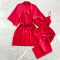 casual non-stretch solid imitation silk three piece set sleepwear with belt_Black_Pink_Red