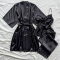 casual non-stretch solid imitation silk three piece set sleepwear with belt_Black