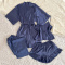 casual non-stretch solid color imitation silk four-piece set sleepwear with belt_Black_Pink_Red_Dark Blue