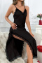 sexy non-stretch sling lace stitching high slit maxi dress sleepwear_Black