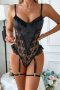 sexy satin stitching lace gather teddy collections(with underwire&leg rings)_Black