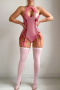 sexy slight stretch halter-neck 3colors lace-up with stockings teddy collections_Pink