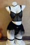 plus size stretch mesh 6 colors three-piece set(with gloves&underwire&leg rings)_Black
