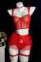 plus size stretch mesh 6 colors three-piece set(with gloves&underwire&leg rings)_Black_White_Pink_Red