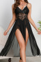 sexy stretch see-through mesh lace high slit pearl chain babydoll no thong_Black