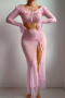 sexy slight stretch off shoulder mesh slit three-piece set_Pink