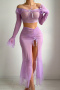 sexy slight stretch off shoulder mesh slit three-piece set_Pink_Light Purple
