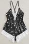 sexy non-stretch satin heart batch printing lace trim sleepwear_Black