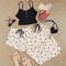 casual slight stretch 5-colors sling heart print three-piece set loungewear_Black