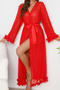 sexy slight stretch see-through mesh petal stitching robe with belt_White_Red