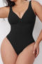 sexy high stretch solid color v-neck zip-up shapewear bodysuit_Black