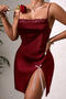sexy non-stretch lace trim sling slit bow decor sleepwear_Black_White_Rose Red