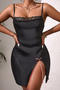sexy non-stretch lace trim sling slit bow decor sleepwear_Black