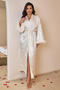 plus size non-stretch satin flower jacquard fuzzy decor with belt nightgown_Black_White