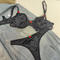 sexy slight stretch 4 colors flower decor lace trim with underwire bras sets_Black