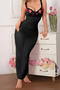 sexy slight stretch see through mesh embroidery nightgown with thong_Black