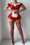 sexy maid cosplay stretch lace stitching with thong stockings four-piece set_Black_Red