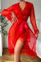 sexy slight stretch see-through mesh polka dot three-piece set with belt_White_Red