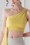 summer new 6 colors solid color stretch one shoulder metallic-ring connected lace up stylish fitness sports yoga top(only top)_Purple_Light Green_Blue_Brown_Yellow