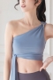 summer new 6 colors solid color stretch one shoulder metallic-ring connected lace up stylish fitness sports yoga top(only top)_Purple_Light Green_Blue
