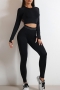 sports high stretch stiripe printing unpadded long sleeve pants set_Black