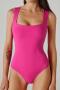 xs-xl pure color high stretch square collar fitness dance sport yoga bodysuit_Black_White_Magenta