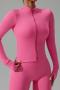 sports high stretch solid color slim zip-up thumb hole yoga top_Black_Dark Gray_Magenta