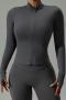 sports high stretch solid color slim zip-up thumb hole yoga top_Black_Dark Gray