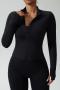 sports high stretch solid color slim zip-up thumb hole yoga top_Black
