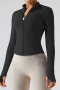 sports stretch solid color stand collar zip-up slim yoga jackets_Black